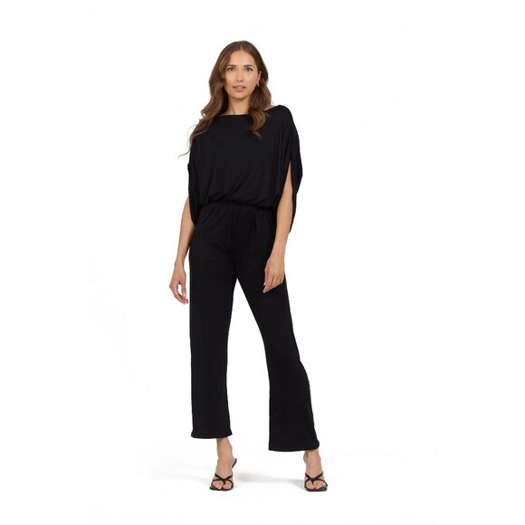 Go Couture Pants - Go Couture Jumpsuit Boatneck Ragland Sleeve Wide Leg Cropped